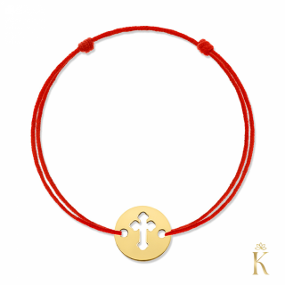 Bratara bebelusi snur rosu, aur galben 14K, Banut cruce decupata 6 mm