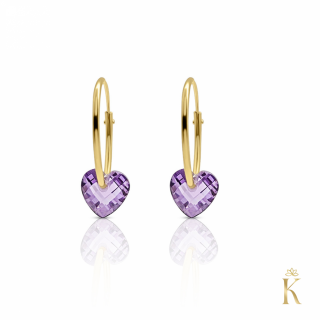 Cercei aur galben 14K, Tortite 13 mm cu cristal Inimioara mov