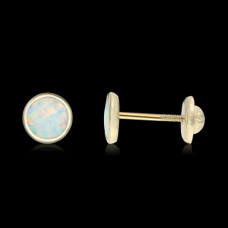 Cercei bebelusi sau piercing, cu protectie, aur galben 14K, Rotunzi cu opal alb sidef 3 mm