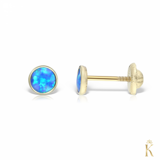 Cercei bebelusi sau piercing, cu protectie, aur galben 14K, Rotunzi cu opal albastru sidef 3 mm