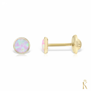 Cercei bebelusi sau piercing, cu protectie, aur galben 14K, Rotunzi cu opal roz sidef 3 mm