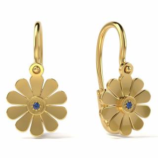 Cercei copii aur galben 14K, Tortite Flori mari cu piatra zirconia albastra, 14 mm