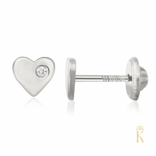 Cercei cu protectie, aur alb 14K, Inimi cu diamant lateral 5 mm