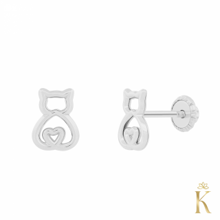 Cercei cu protectie aur alb 14K, Pisicute contur cu inimioara, 6x5 mm
