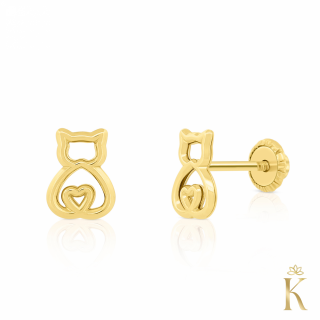 Cercei cu protectie, aur galben 14 K, Pisicute contur cu inimioara, 6x5 mm