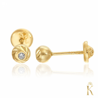 Cercei cu protectie, aur galben 14K, Bilute cu striatii si zirconia, 4 mm