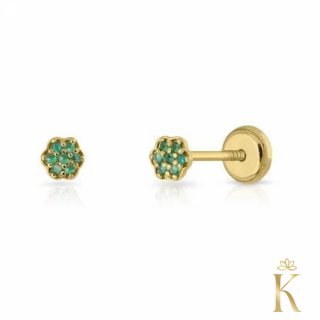 Cercei cu protectie, aur galben 14K, Floare cu 7 Smaralde, 4 mm