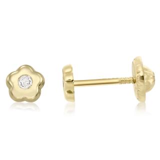 Cercei cu protectie, aur galben 14K, Floricele cu diamant 4 mm