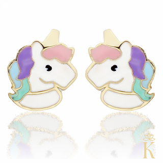 Cercei cu protectie aur galben 9K, Unicorni multicolori, 6x7,5 mm