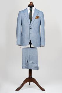 Costum barbati slim fit bleu-pepit cu buzunare aplicate