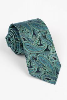 Cravata din matase naturala neagra cu model paisley turcoaz