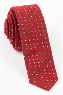 Cravata ingusta rosie cu motive geometrice bleumarin cu alb