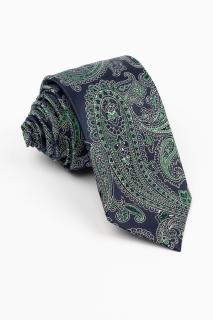 Cravata matase naturala bleumarin cu imprimeu floral verde