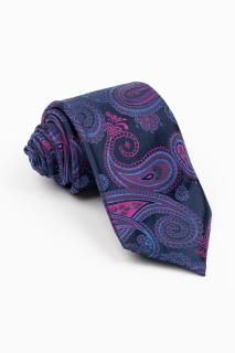 Cravata matase naturala bleumarin cu imprimeu paisley albastru si  fucsia