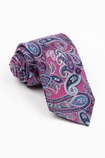 Cravata matase naturala fucsia cu imprimeu paisley alb si albastru