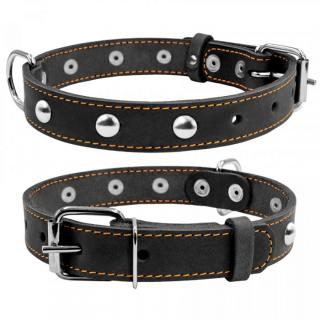 Collar, Zgarda S, caini, din piele, 20mm latime, 32-40cm lungime, cu decor metalic, negru, 01351