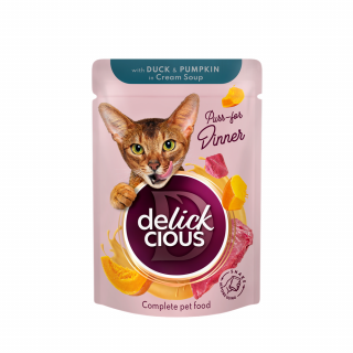 DELICKCIOUS, Stripsuri cu rata si dovleac in supa crema, pentru pisici, 85g