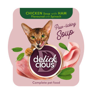 DELICKCIOUS, Supa de pui cu  sunca si spanac pentru pisici, 80g