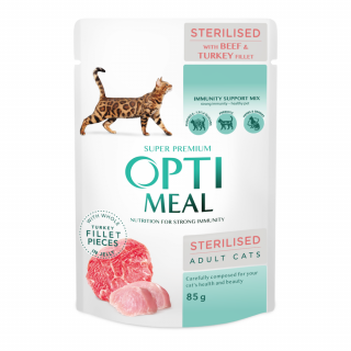 Optimeal Hrana umeda pisici sterilizate -  vita si curcan in jeleu, set 12 0,085kg