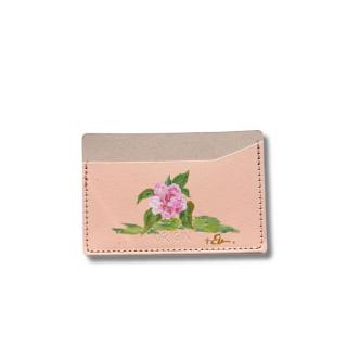 Card holder din piele naturala reciclata, orizontal, roz pudra, unicat, pictat manual