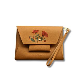 Geanta din piele naturala reciclata, maro nature, unicat, pictata manual, Flori de Mac