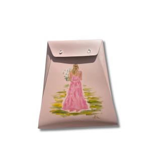 Husa plic iPad 9  -10   din piele naturala reciclata, roz pudra, unicat, pictata manual