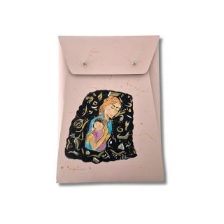 Husa plic iPad 9  -10   din piele naturala reciclata, roz, unicat, pictata manual