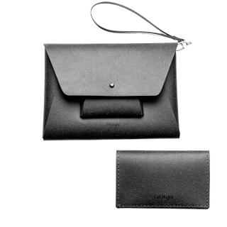 Pachet geanta  + port card din piele naturala reciclata, negru