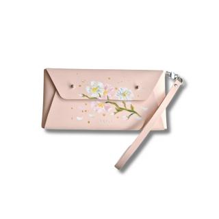 Plic roz pudra din piele naturala reciclata , unicat, pictat , flori de primavara