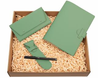 Set cu agenda, pix si portofel, verde, piele naturala reciclata