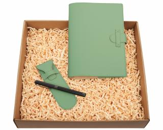 Set cu agenda si pix, verde, piele naturala reciclata