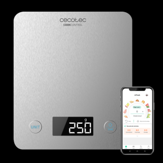 Cantar de bucatarie Cecotec Smart Cook Control 10000 Connected, 5 Kg, 1 g, tara, Bluetooth, masurare proteine, carbohidrati, grasimi, solide, lichide