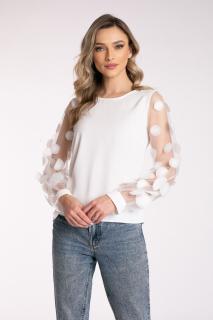 Bluza eleganta alba la baza gatului cu maneci accesorizate