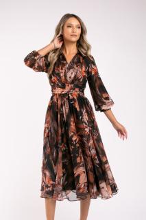 Rochie Armina maro din matase cu imprimeu floral