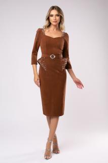 Rochie Bruma camel din catifea accesorizata in talie cu pietricele