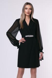 Rochie eleganta neagra tip sacou cu maneci din voal si curea accesorizata