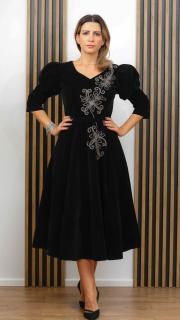 Rochie Emma neagra din catifea cu maneci bufante si flori brodate