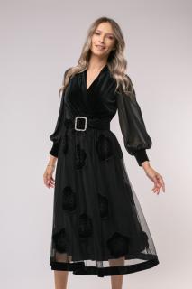 Rochie Era neagra din catifea cu o curea accesorizata