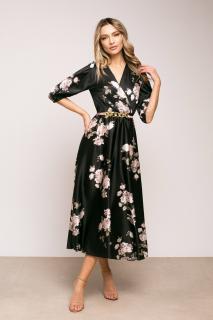 Rochie Eva neagra cu imprimeu floral din satin cu maneci bufante