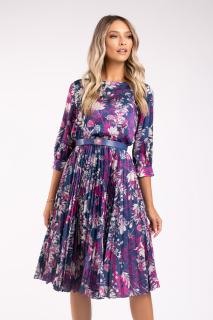 Rochie Favori albastra cu imprimeu floral si fusta cu pliuri