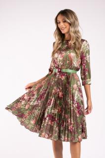 Rochie Favori verde cu imprimeu floral si fusta cu pliuri