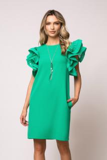 Rochie Joly verde neon cu volane la umeri si buzunare laterale