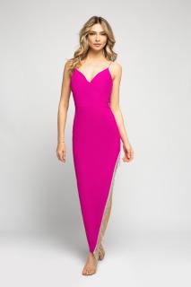 Rochie Kira lunga fucsia cu franjuri metalici si bretele