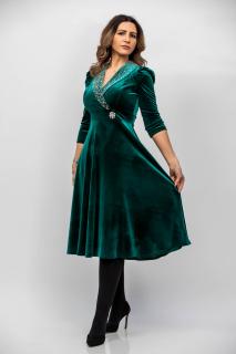 Rochie Lora verde din catifea cu accesorii pe bust si in talie