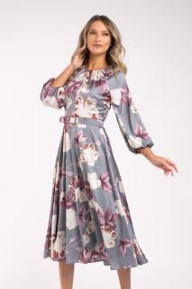 Rochie Maribell gri cu imprimeu floral si maneci bufante