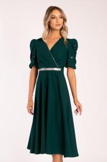 Rochie Megan de ocazie verde inchis accesorizata cu strasuri