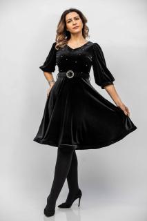 Rochie neagra Margo din catifea cu maneci bufante