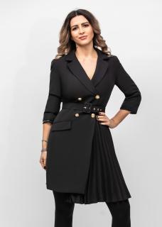 Rochie tip sacou neagra Bria cu pliuri pe fusta si curea detasabila in talie