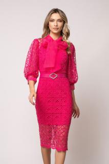 Rochie Vanesa fucsia din dantela cu funda la gat