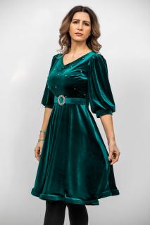 Rochie verde Margo din catifea cu maneci bufante